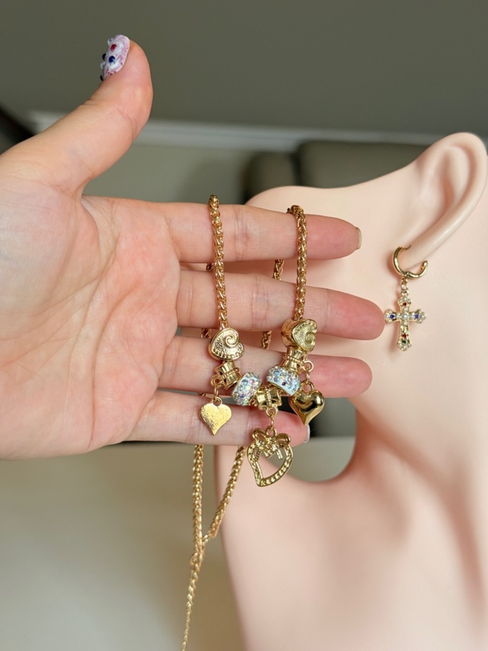 Gold-Tone Heart Charm Necklace with Pink Accent Beads - Picture 7 of 8